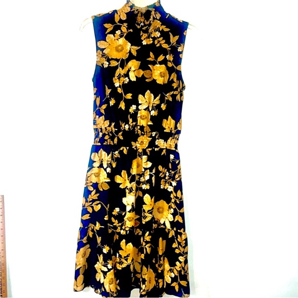 Nanette Lepore Dresses & Skirts - Nanette Lepore Floral Dress Size 6 Boho, Mock Neck Tiered Sleeveless Navy Yellow